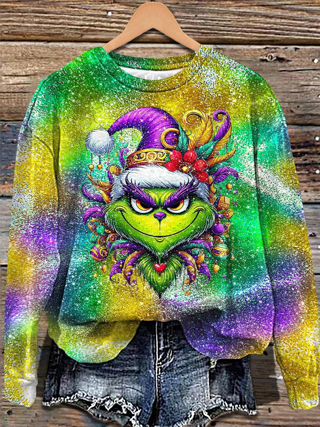 Women's Vintage Green Mardi Gras Crew Neck T-shirt