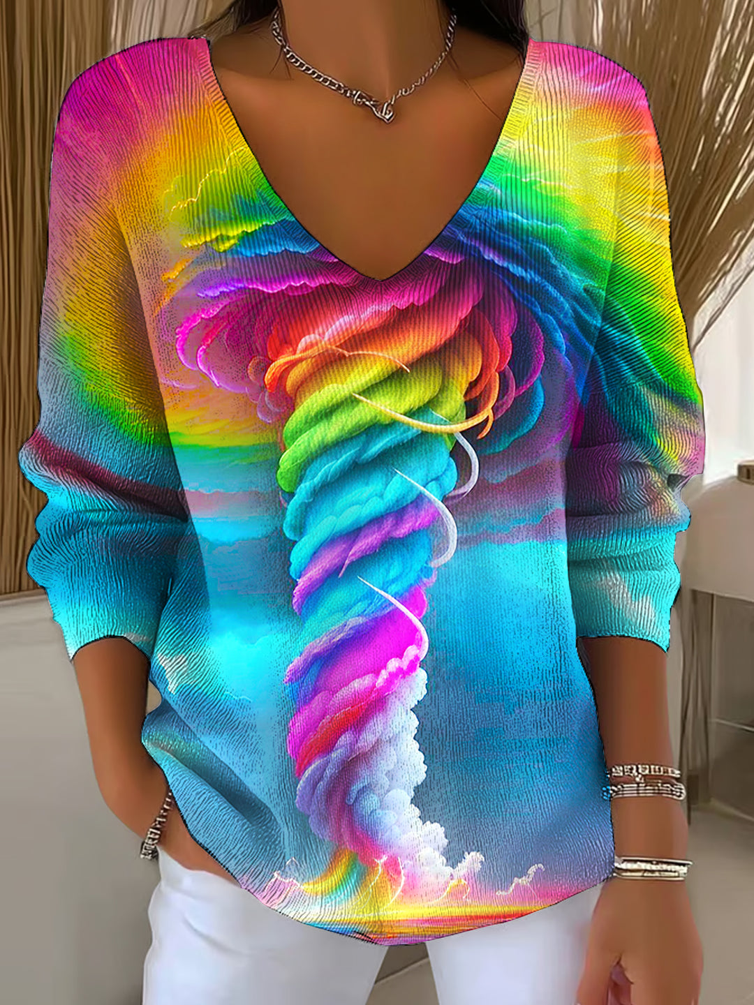 Women's Colorful Tornado Hippie Casual V Neck Pullover Sweater