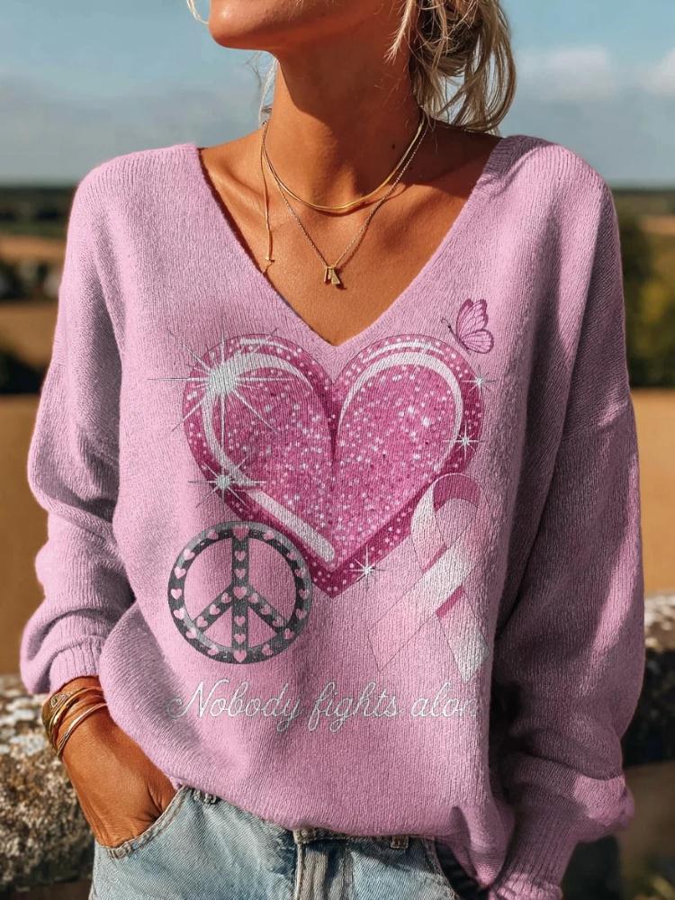Women's Hippie Heart Breast Cancer Print Casual Pullover Sweater
