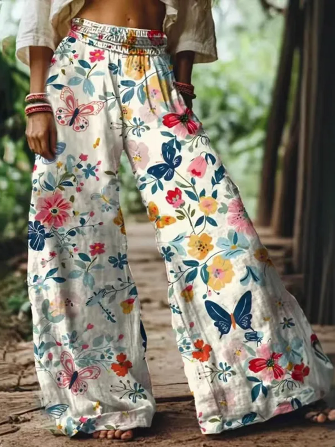 Women's Retro Hippie Butterfly Floral Art Wide-Leg Pants
