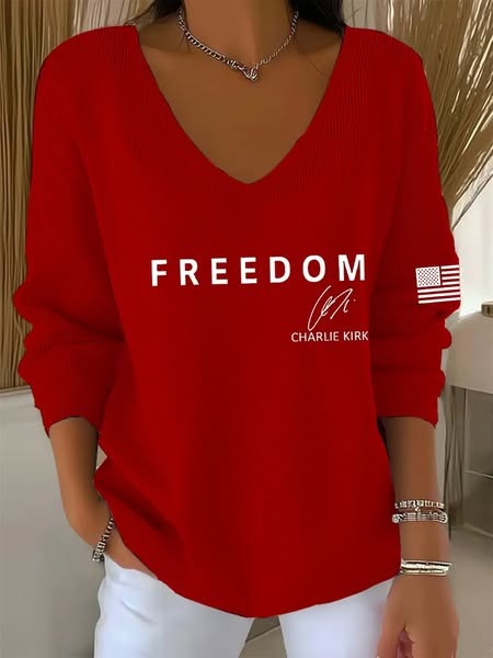 In Memory of Charlie Kirk Casual V Neck Pullover Sweater