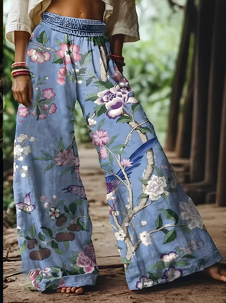 Women's Ethnic Floral Hummingbird Art Wide-Leg Pants