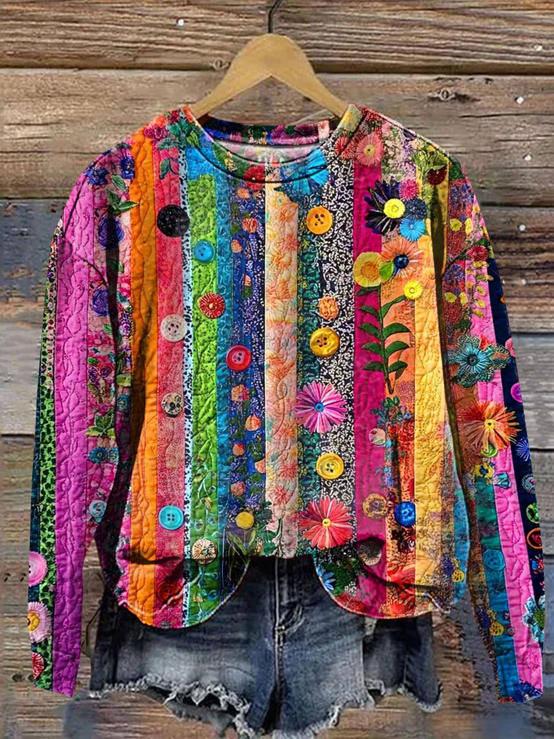 Hippie Floral Art Print Long Sleeve Casual Top
