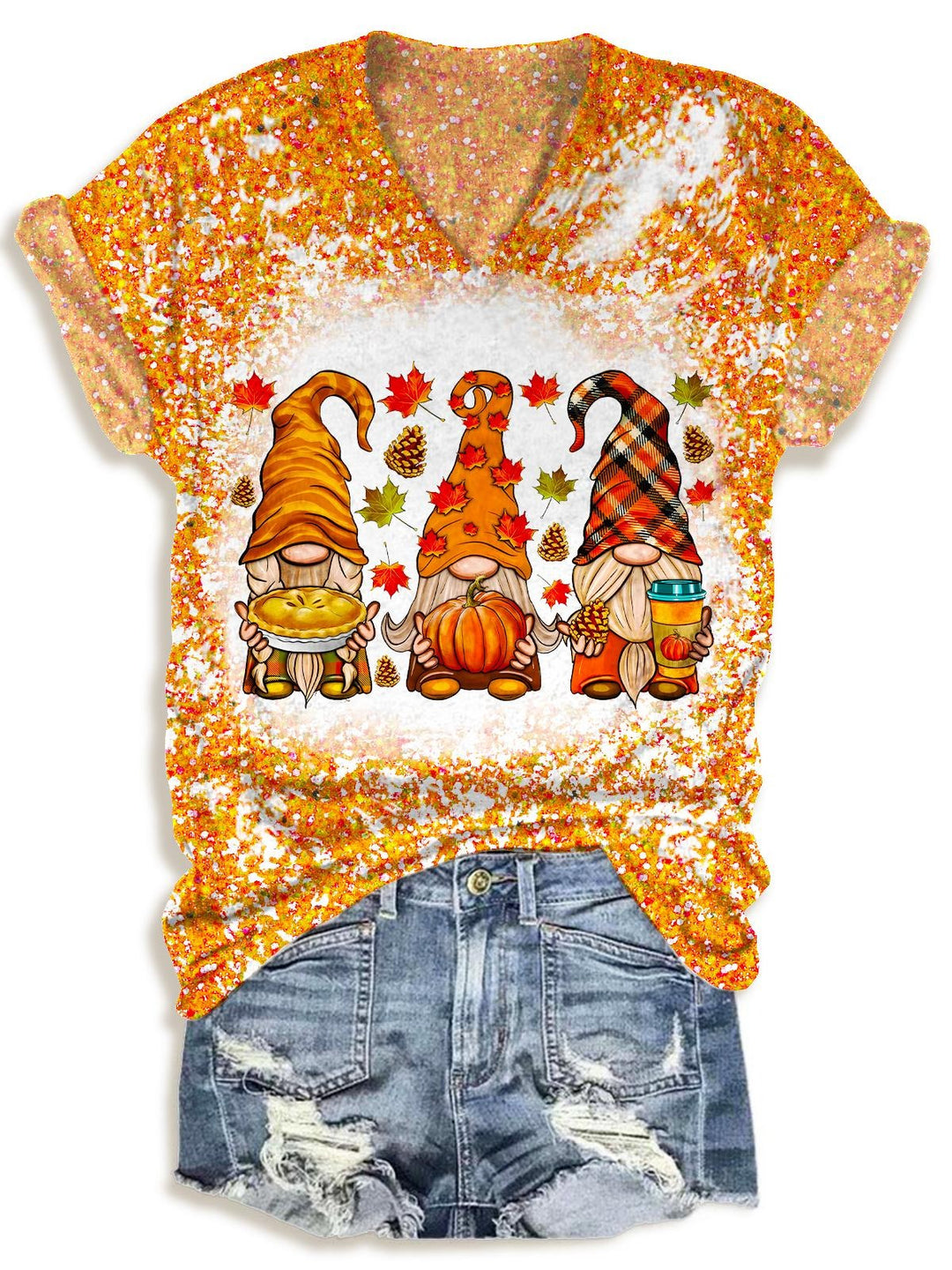 Autumn Gnome Print V-neck T-Shirt