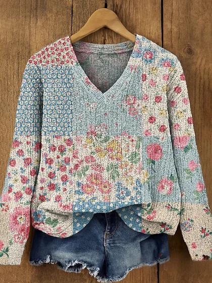 Women's Floral Pattern Artistic Casual V Neck Pullover Sweater