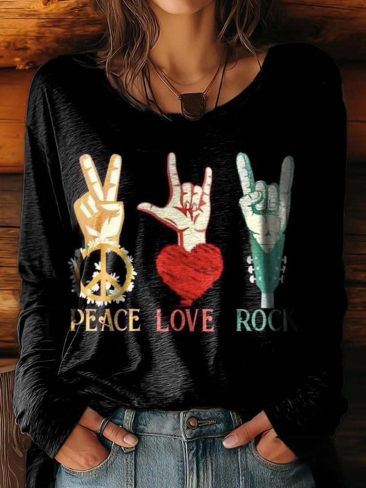 Women's Peace And Love Pattern Printed Casual Long Sleeve T-Shirt