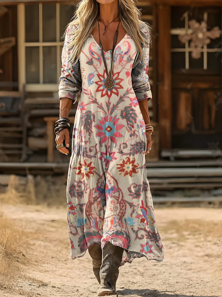 Women's Vintage patchwork floral Pattern Print V Neck Cotton Dress