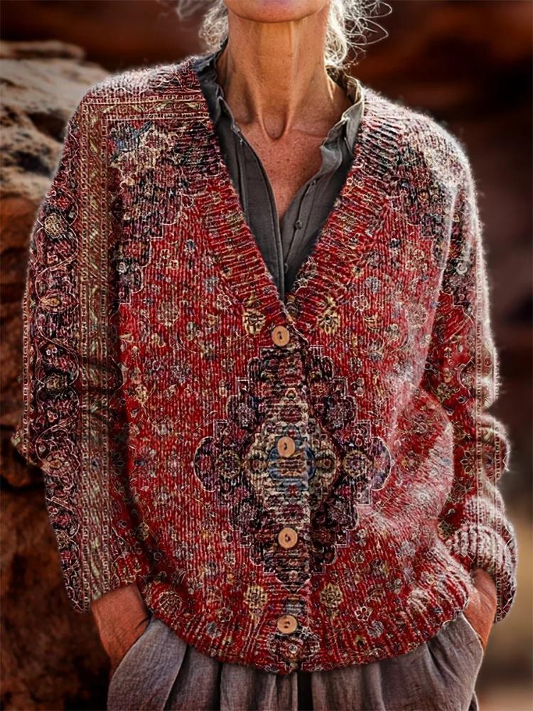 Colorful Patchwork Sun Pattern Art Print Button V-neck Cardigan Sweater