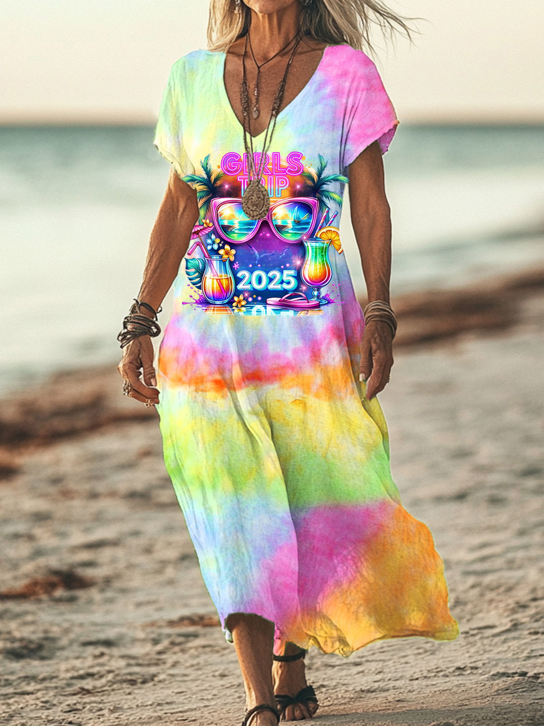 Girl's Trip 2025 Tie Dye Vacation Long Dress