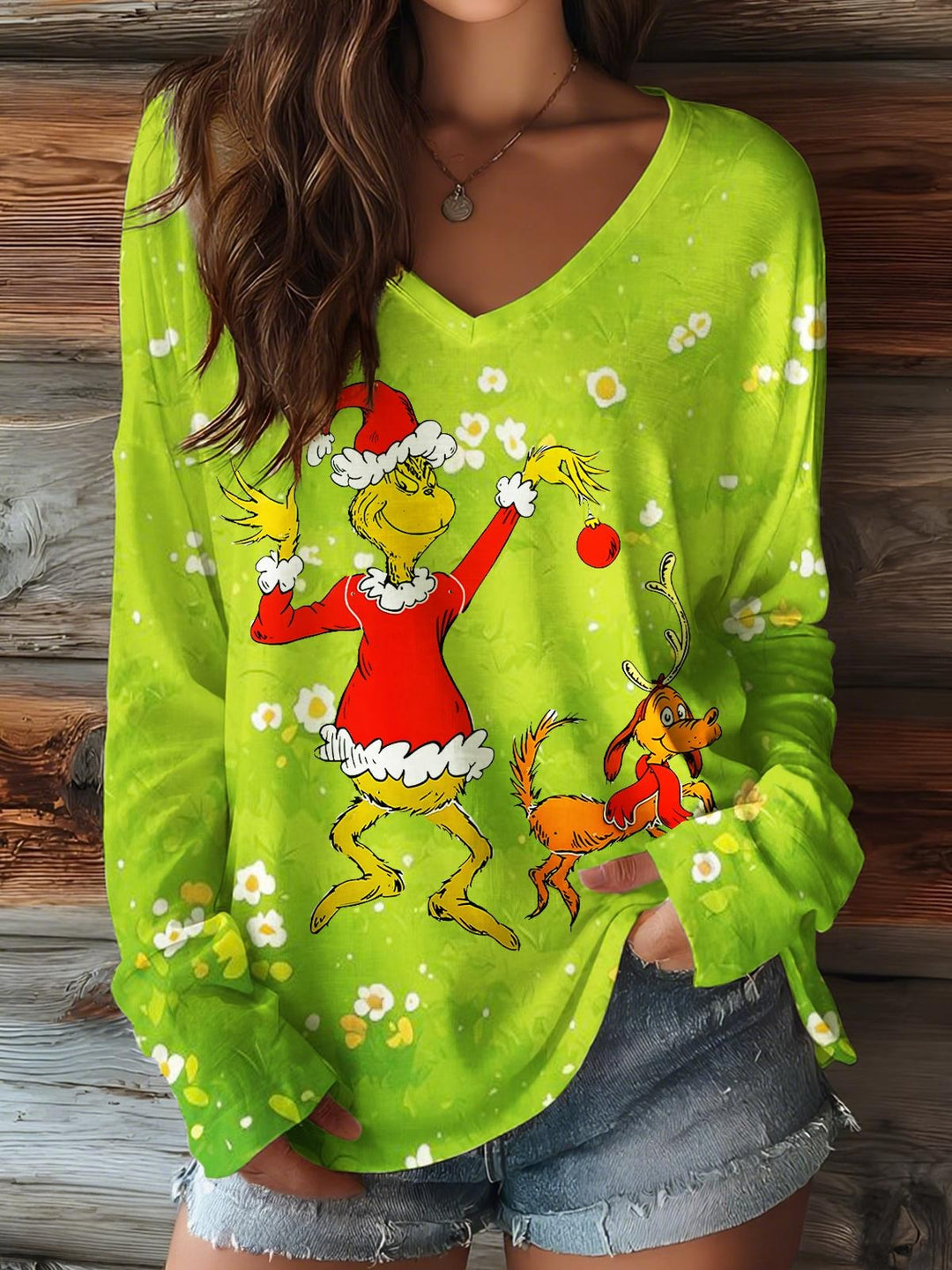 Christmas Grinch Print V-neck Long Sleeve Top