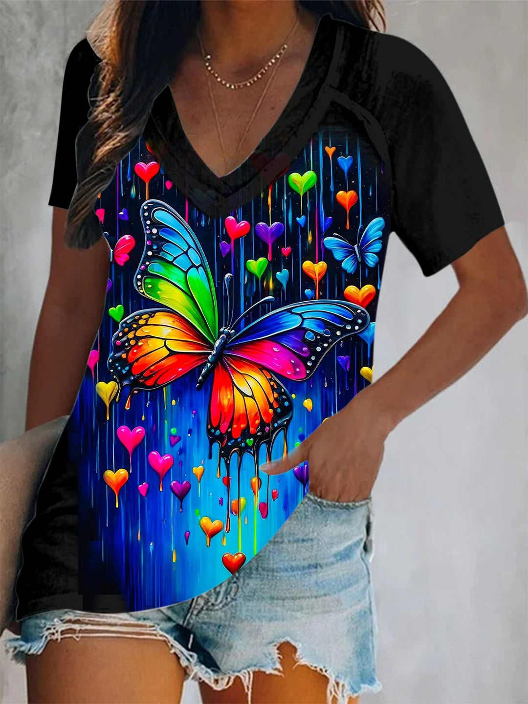 Colorful Hippie Butterfly Love Short Sleeve V Neck Print Top