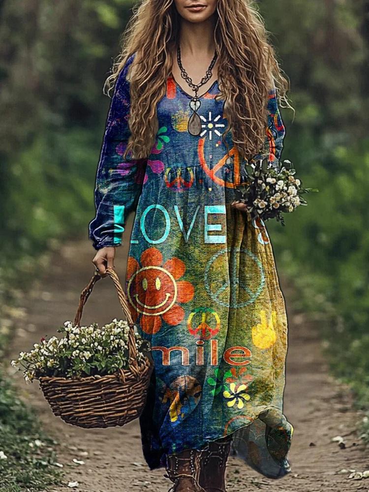 Women's Love And Peace Retro Pattern Printed Cotton Dress