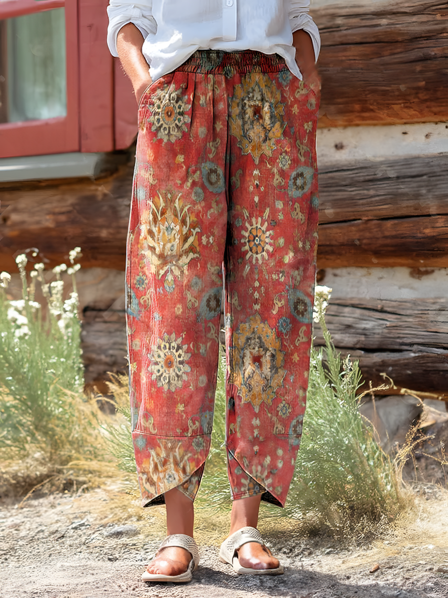 Red Retro Ethnic Floral Printed Cropped Wide Leg Pants