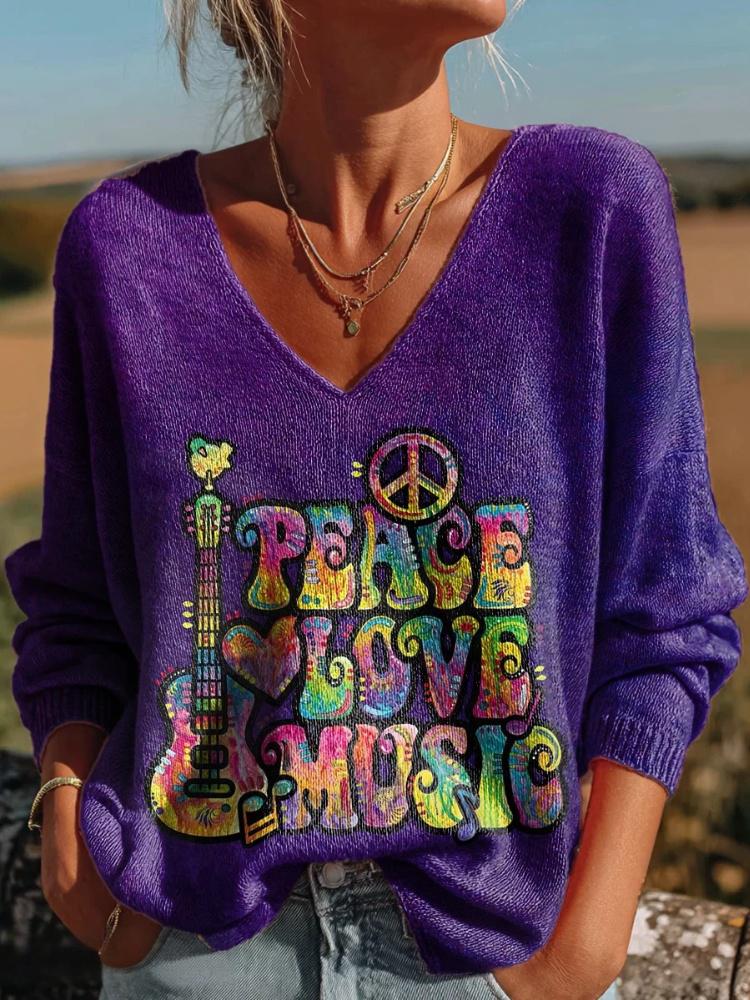 Women's Hippie Peace Love Music Art Print V-neck Casual Pullover Sweater