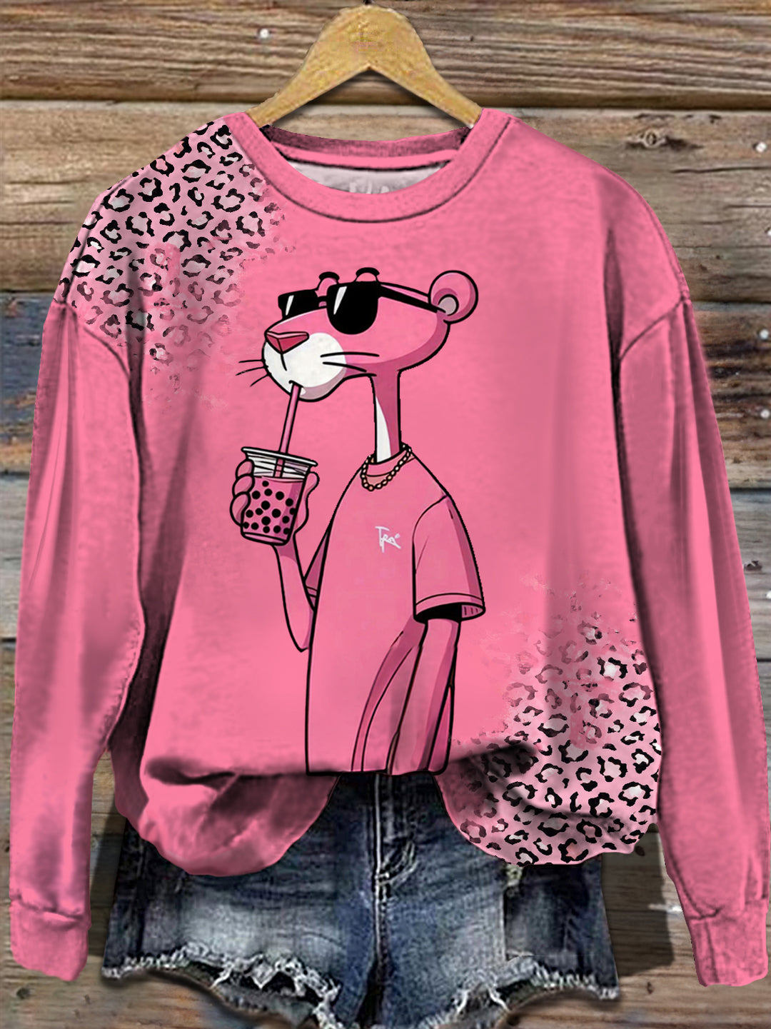 Women's Pink Panther Cartoon Anime Round Neck Long Sleeve Top