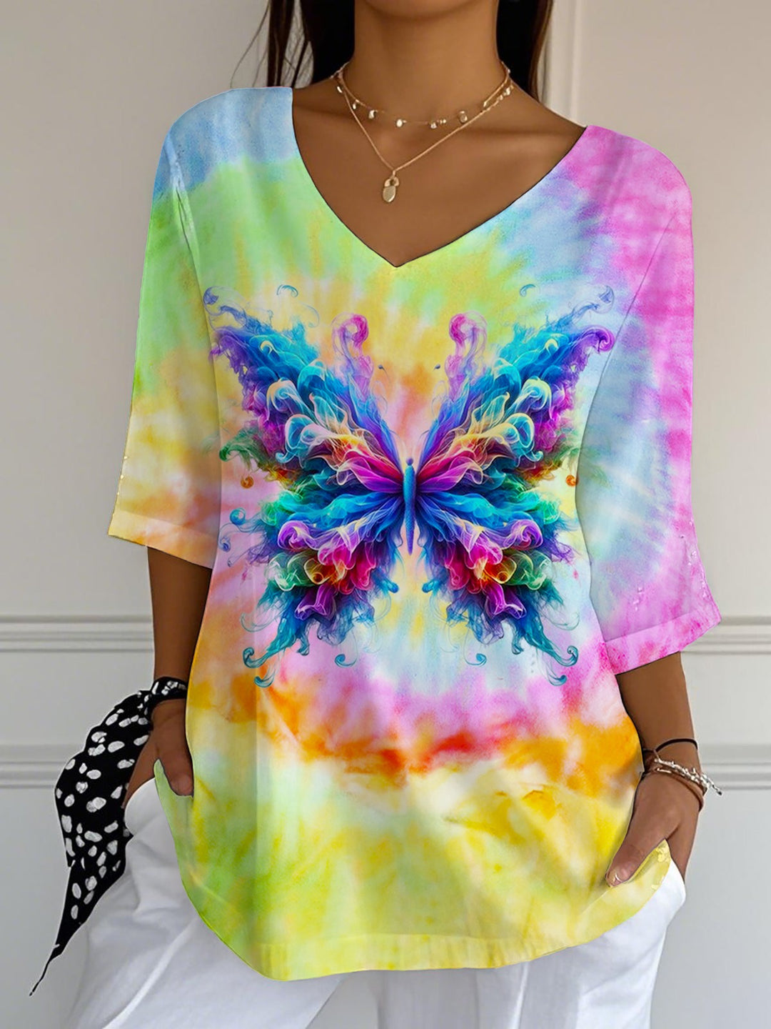 Colorful Tie-dye Hippie Smoke Butterfly Ladies Loose Short Sleeve T-shirt