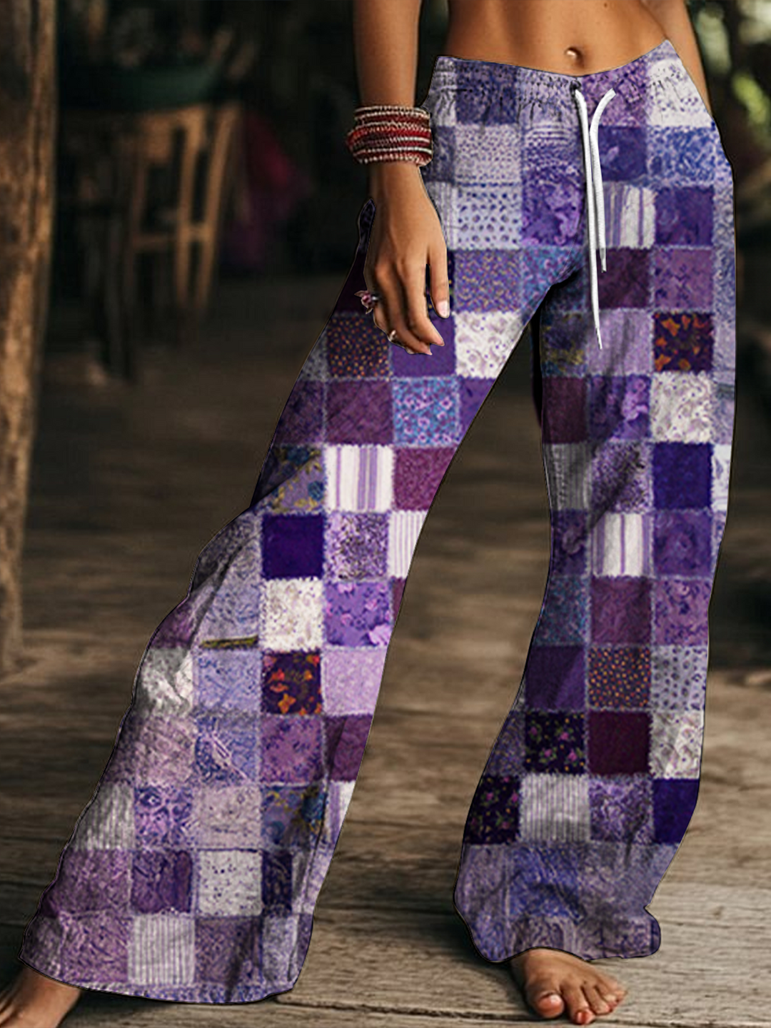 Vintage Hippie Bohemian Collage Art Women's Drawstring Wide-Leg Pants
