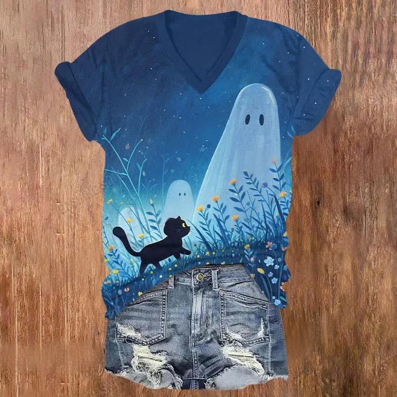 Halloween Ghost And Black Cat Print V-neck T-Shirt
