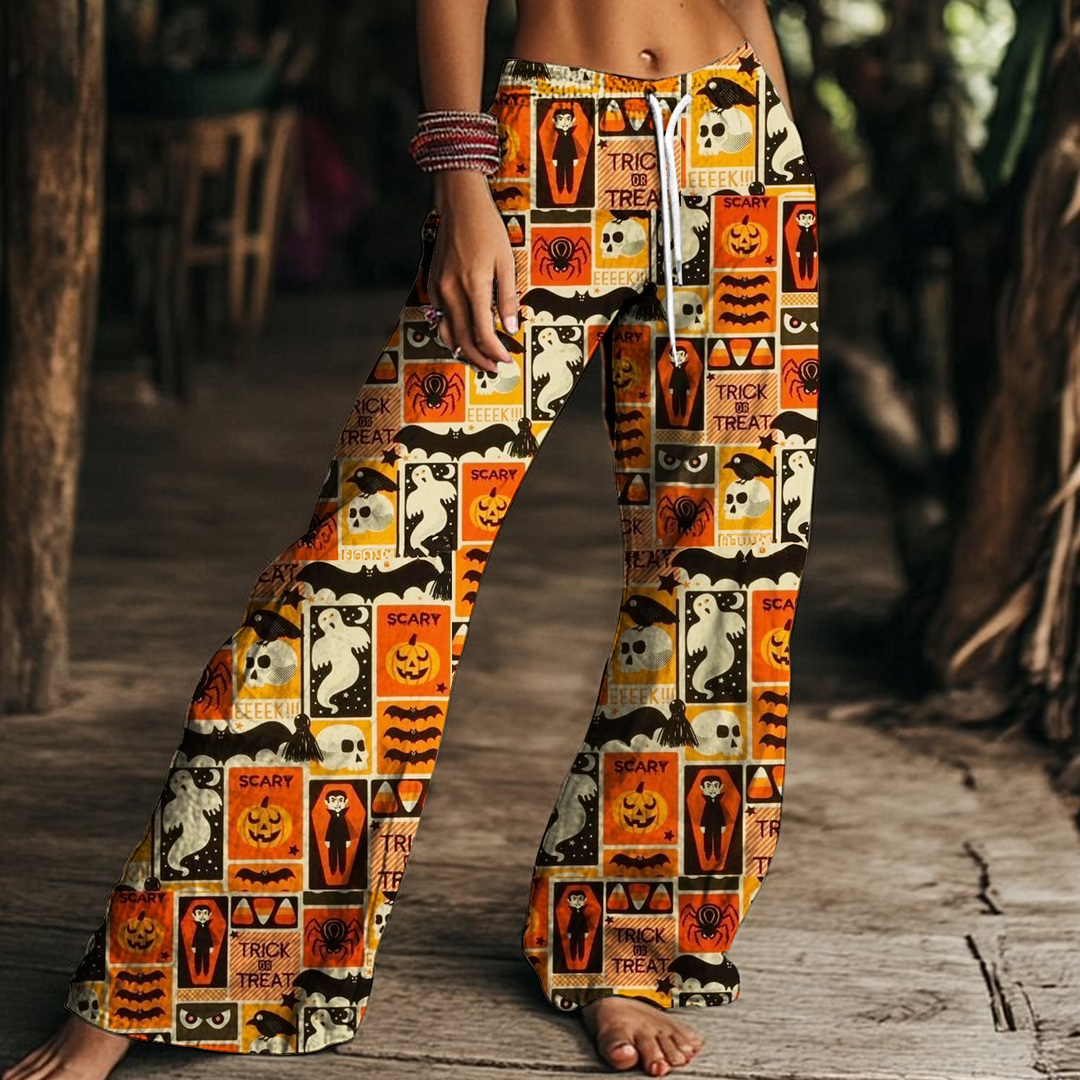 Halloween Collage Women's Drawstring Wide-Leg Pants