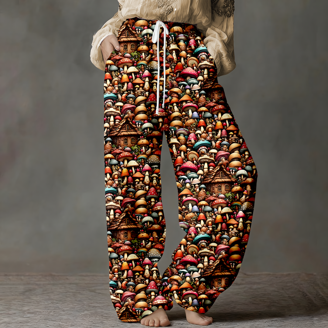 Women's Mushroom Hamlet Enchantment Graphic Drawstring Wide-Leg Pants