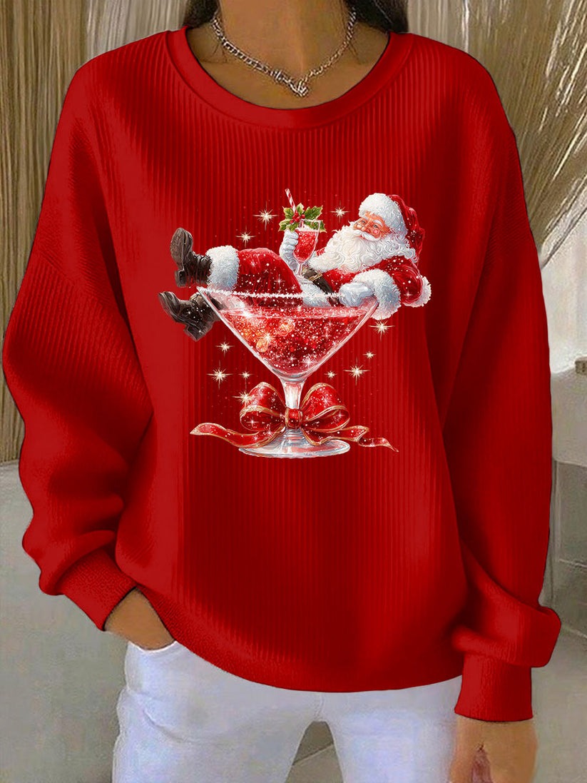 Christmas Santa Art Printed Crew Neck Pocket Sweatshirt