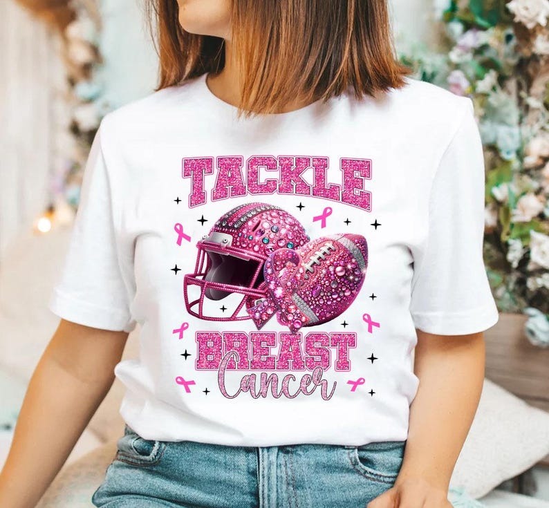 Glitter Tackle Breast Cancer Crew Neck T-shirt