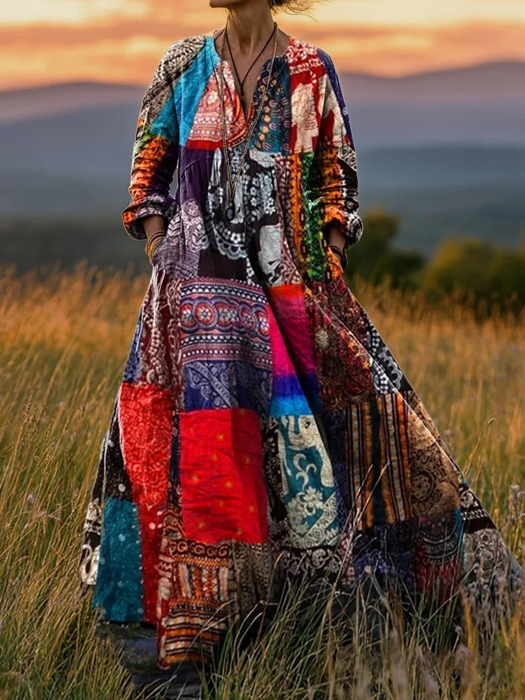 Women's Retro Ethnic Multicolored Patchwork Art Print Dress