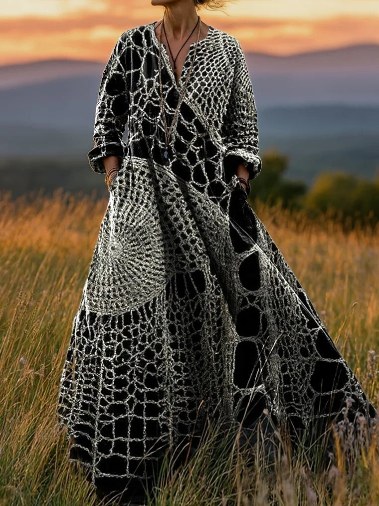 Women's Retro Black and White Knitted Pattern Printed Dress