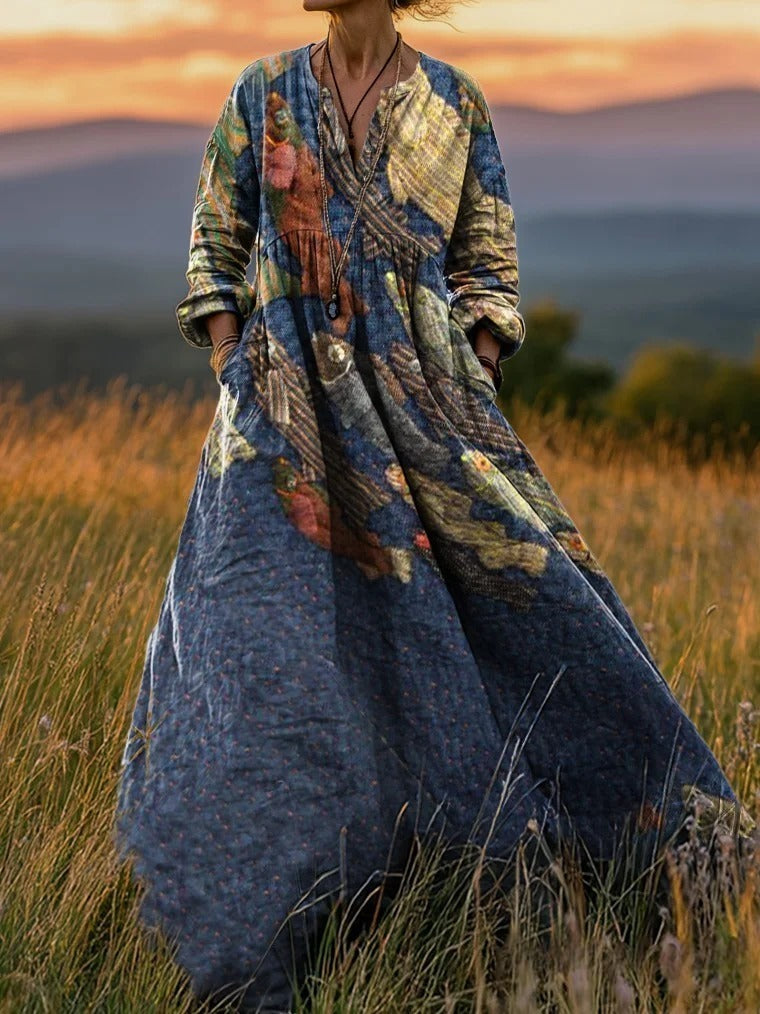 Women's Retro Fish Pattern Artistic Print Dress