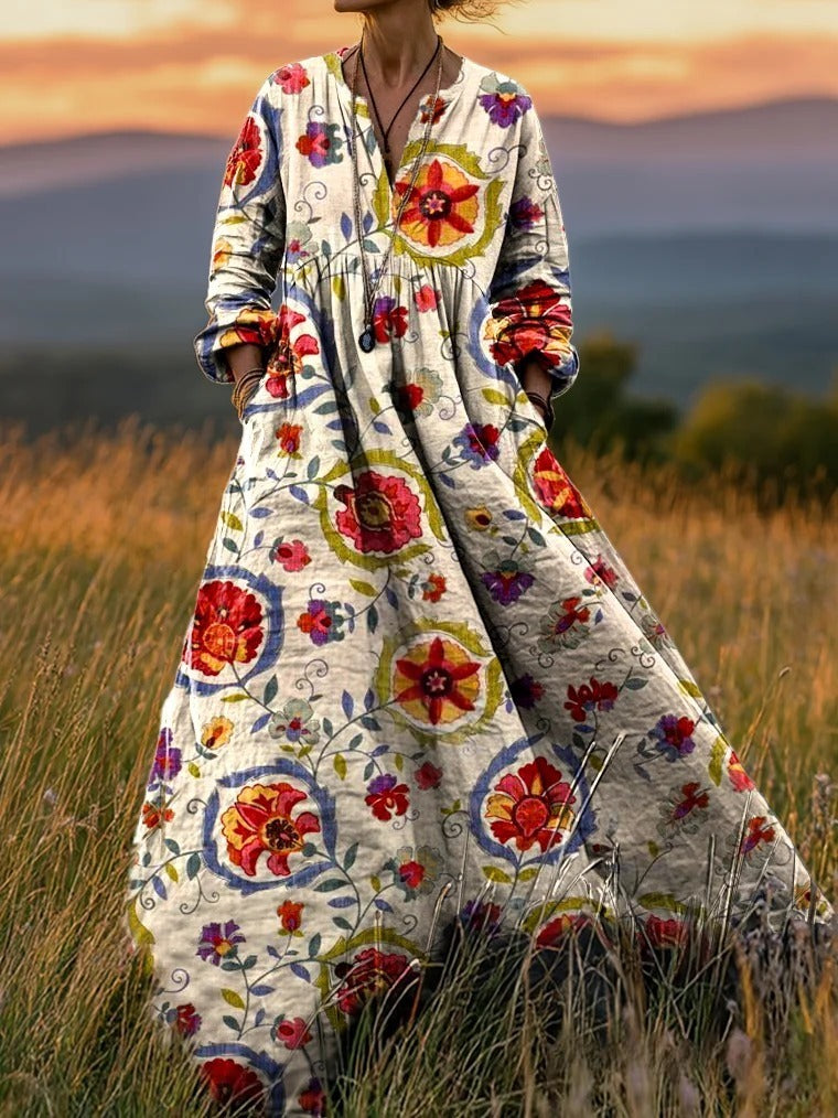 Women's Elegant Printed Dress with Retro Ethnic Floral Pattern