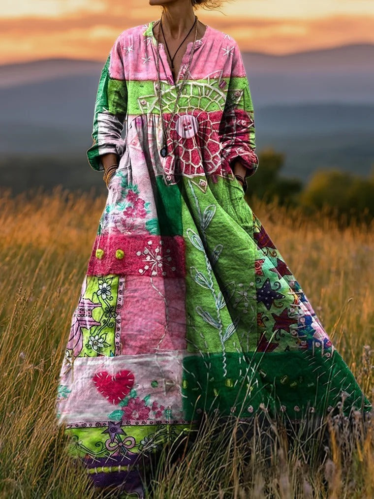Women's Brightly Colored Patchwork Pattern Artistic Print Dress