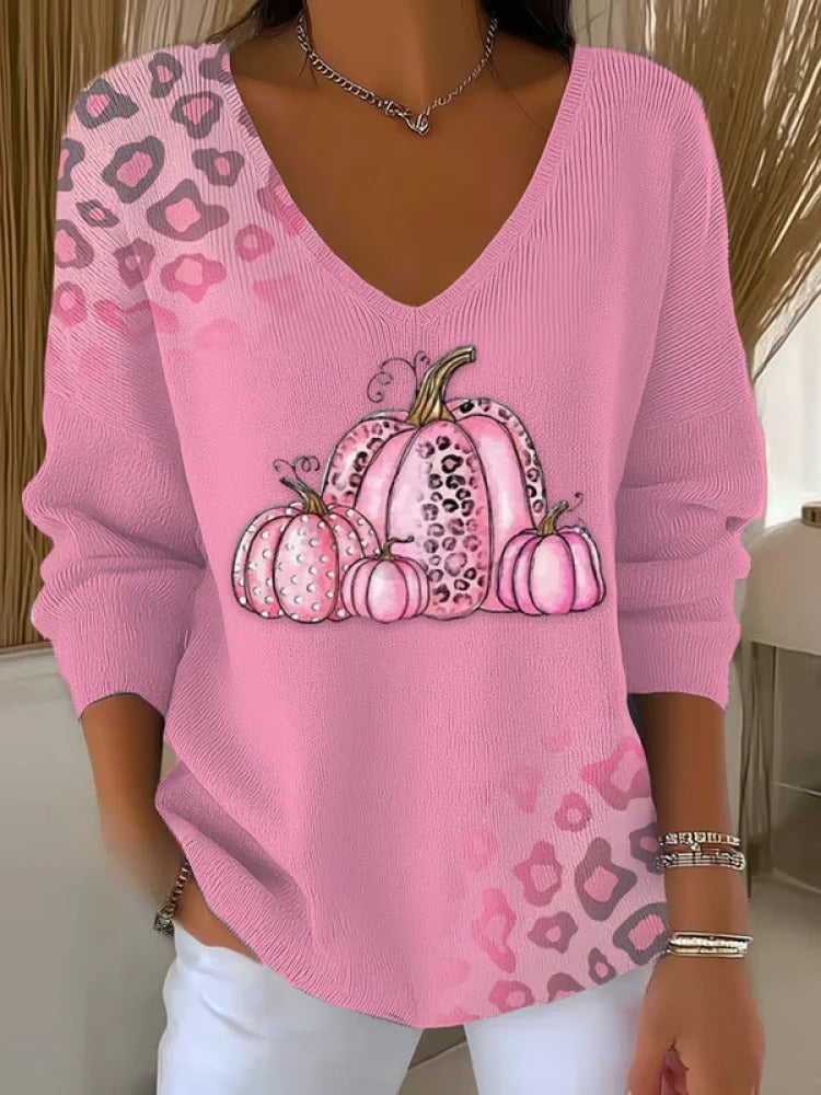 Women's Pink October Halloween Pumpkin V Neck Pullover Sweater