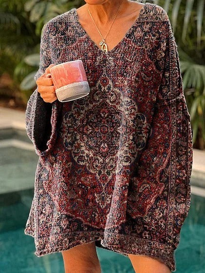 Women's Retro Ethnic Pattern Artistic Print Casual Long-Sleeved Sweater