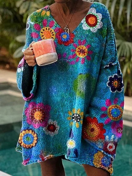 Women's Retro Hippie Love and Peace Flowers Casual Pullover Sweater