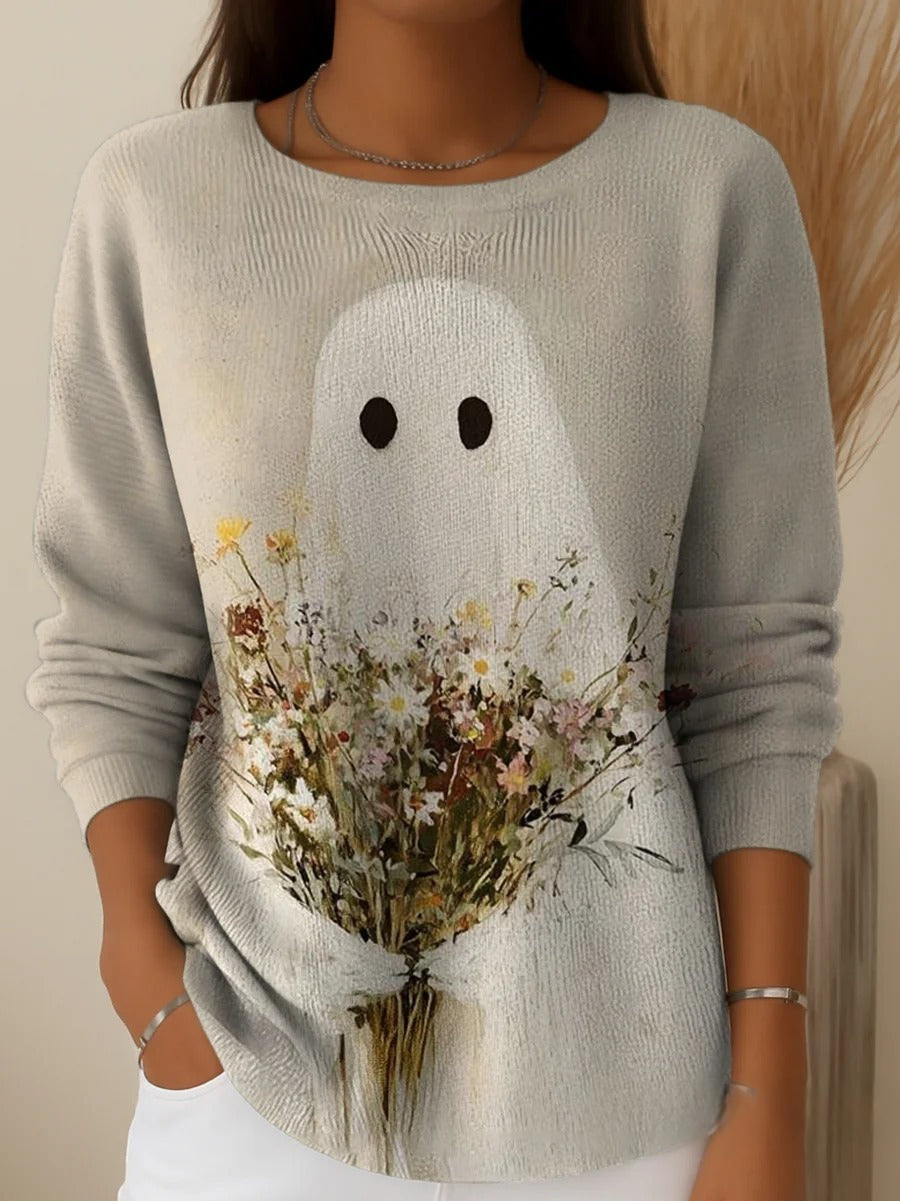 Women's Halloween Ghost Art Print Casual Crew Neck Pullover Sweater