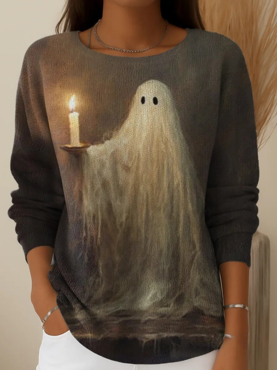 Women's Halloween Ghost Art Print Casual Crew Neck Pullover Sweater