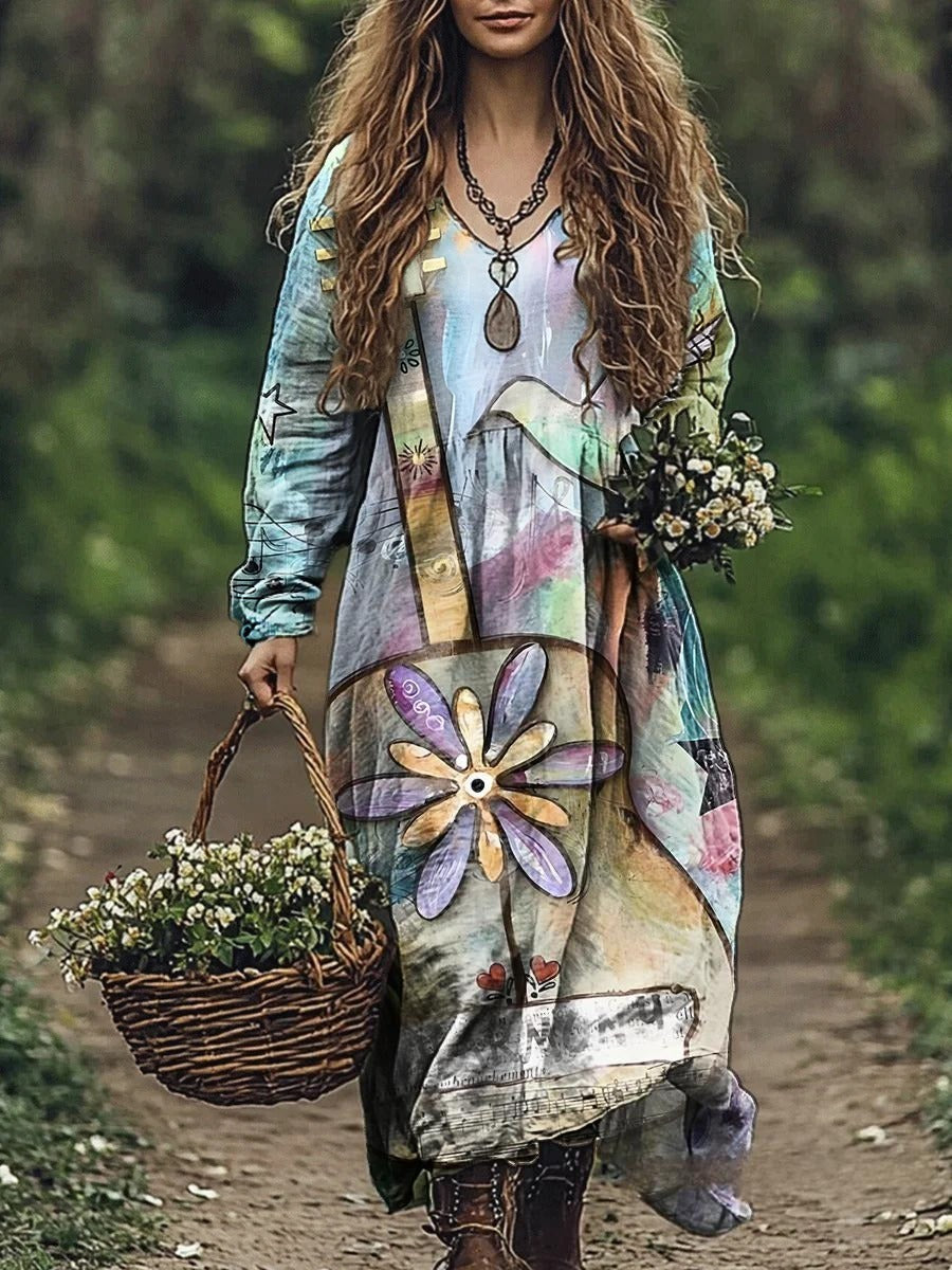 Women's Hippie Retro Guitar Pattern Printed Maxi Dress