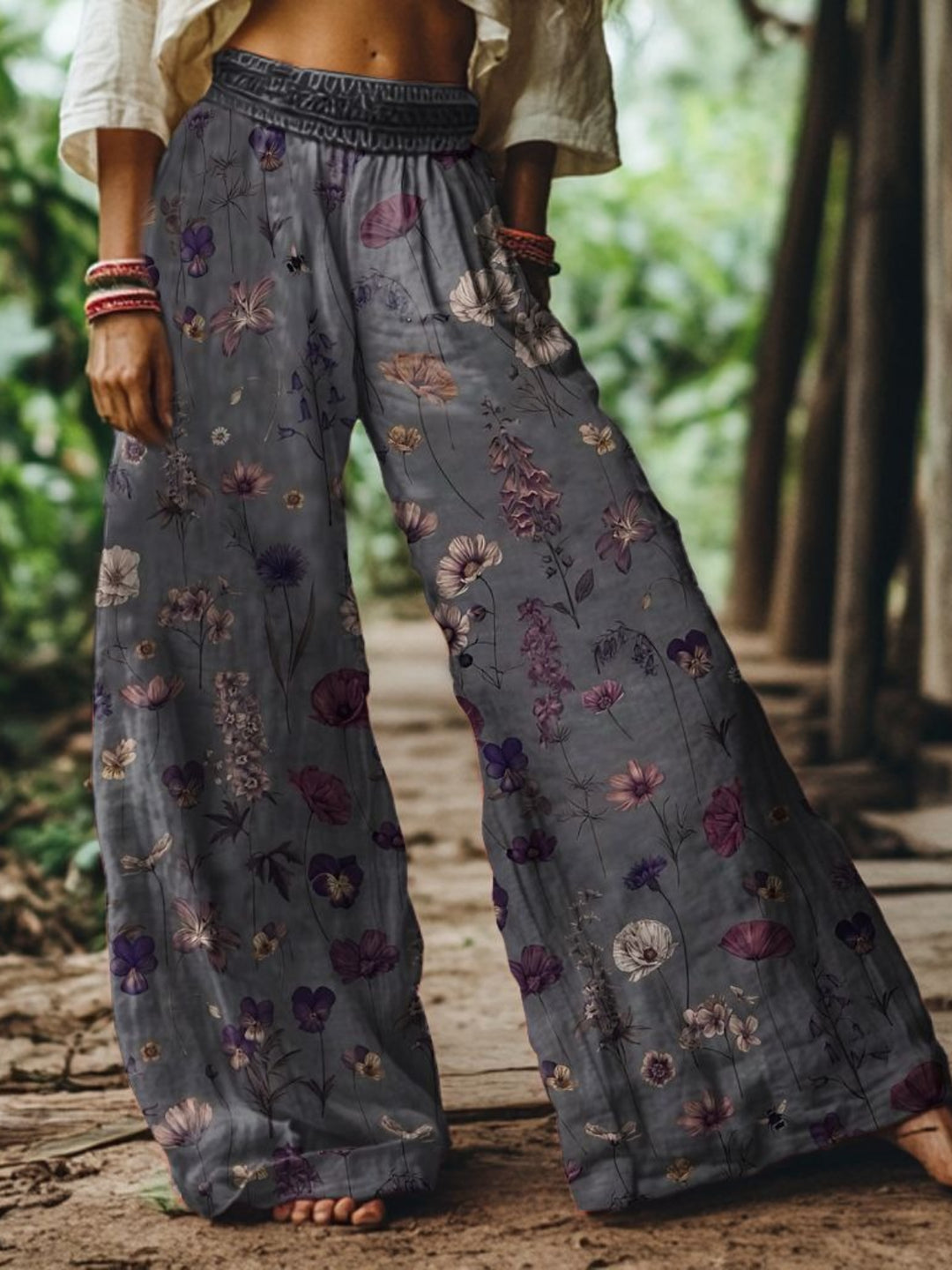 Women's Retro Bohemian Wildflowers Art Wide-Leg Pants