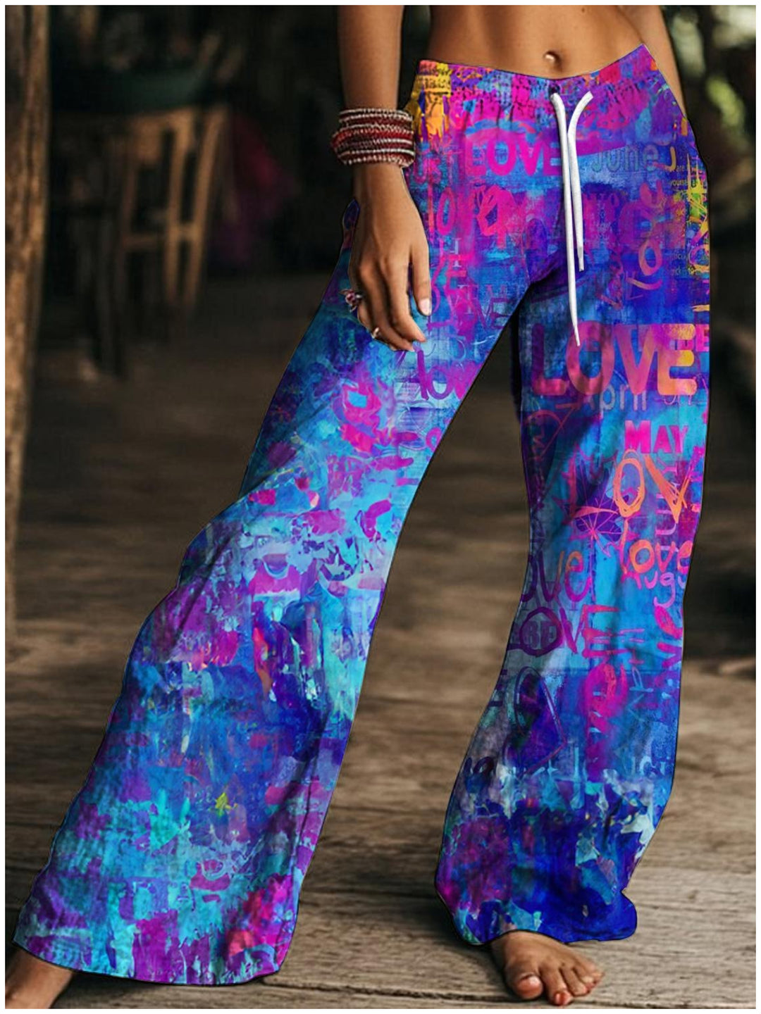 Women's Hippie Print Drawstring Wide-Leg Pants