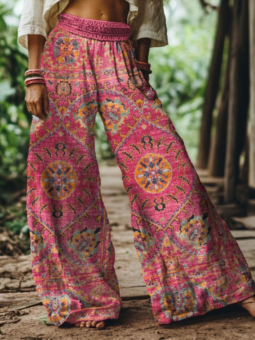 Women's Ethnic Floral Art Wide-Leg Pants