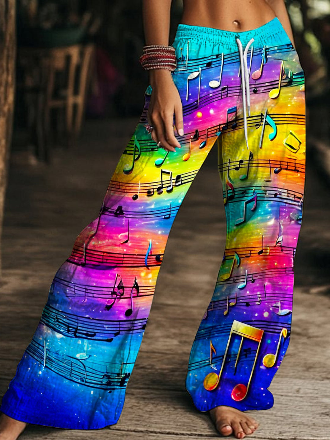 Colorful Music Hippie Art Women's Drawstring Wide-Leg Pants