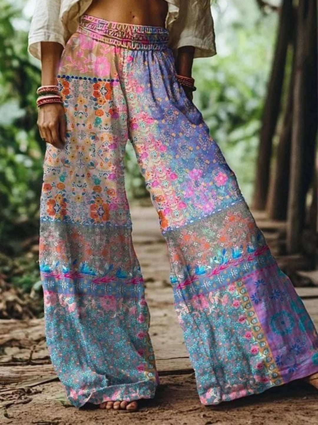 Women's Bohemian Flowers Art Wide-Leg Pants