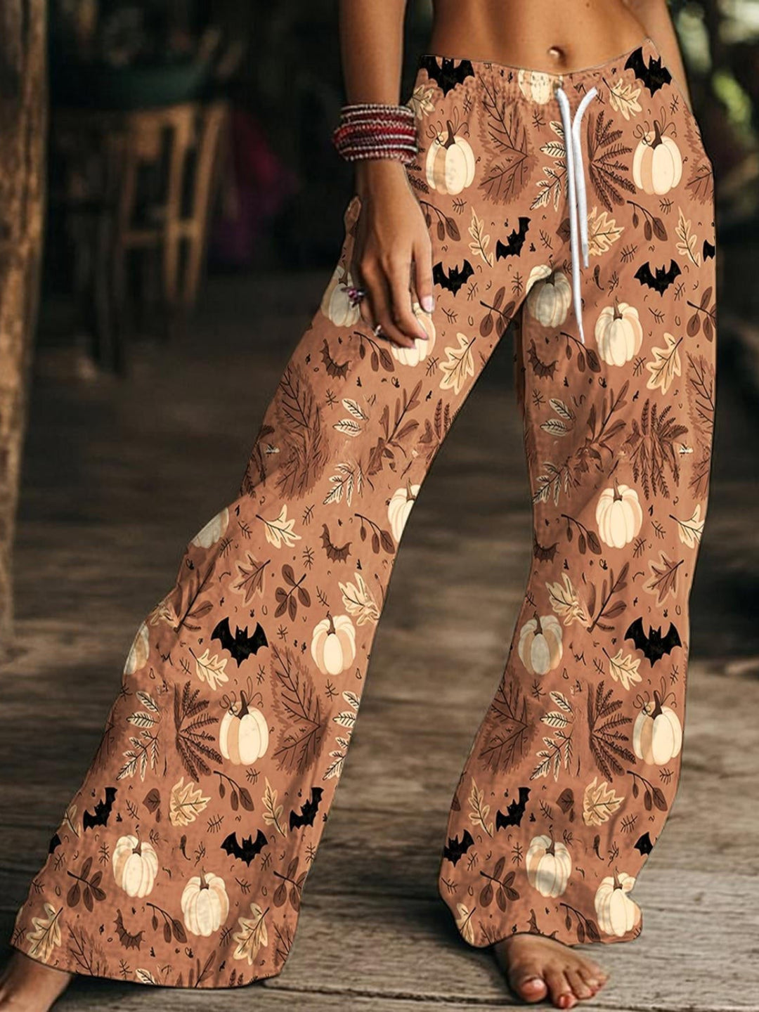 Women's Halloween Pumpkin Drawstring Wide-Leg Pants