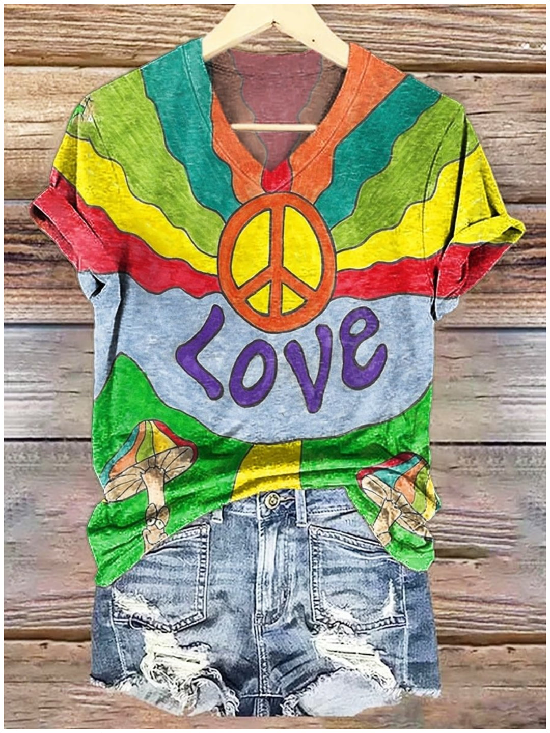 Hippie Love and Peace Art V-neck T-Shirt