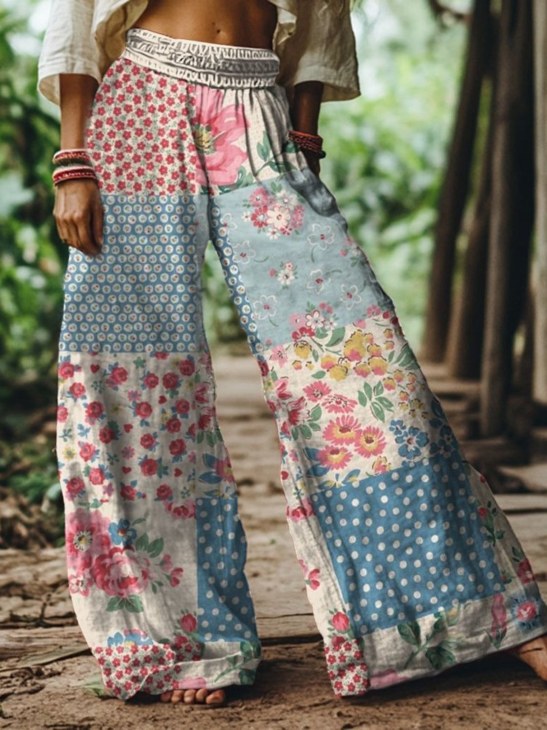 Women's Bohemian Floral Collage Art Wide-Leg Pants