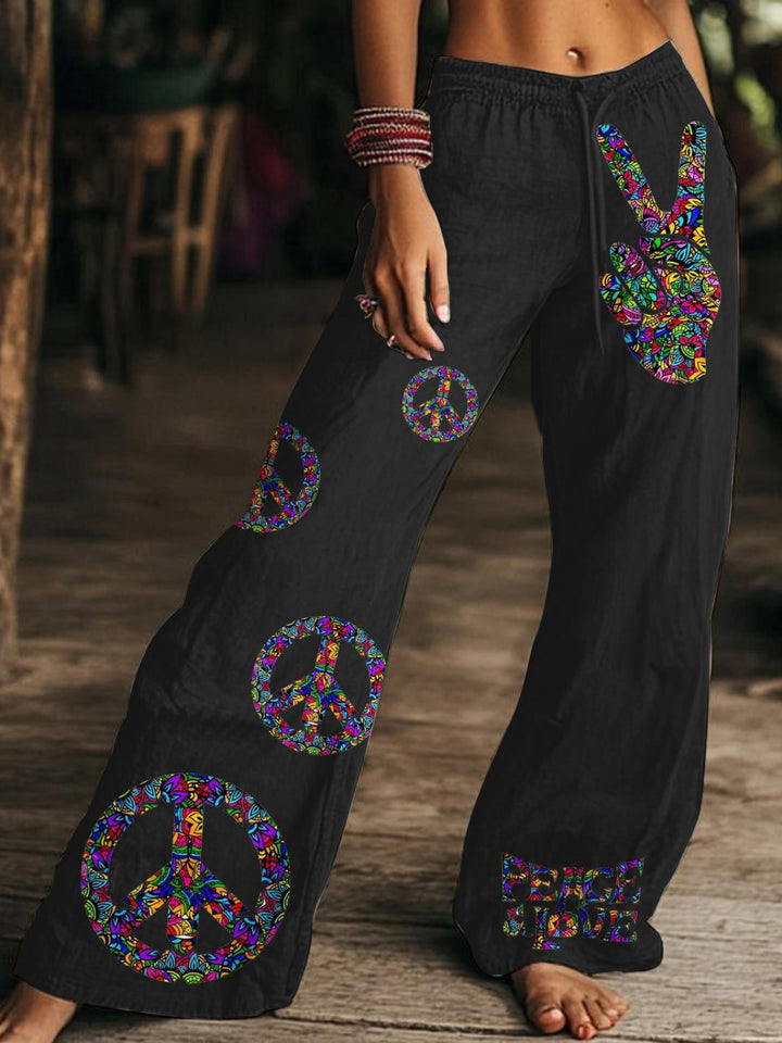 Hippie Printed Women's Drawstring Wide-Leg Pants
