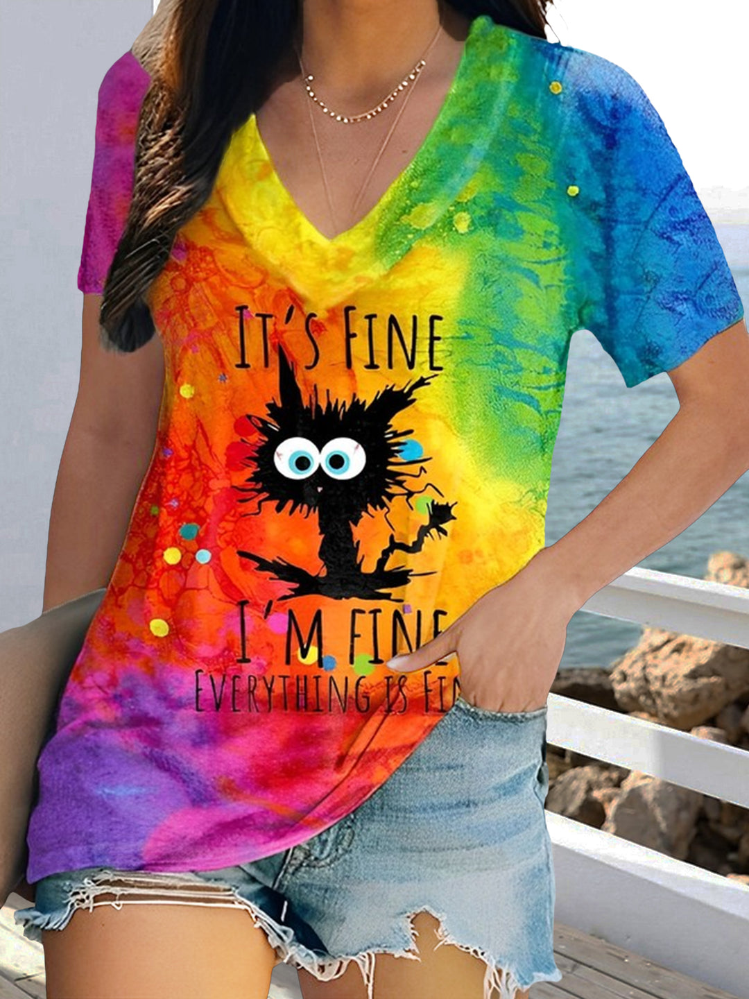 Fine Cat Tie-Dye V Neck Short Sleeved T-Shirt