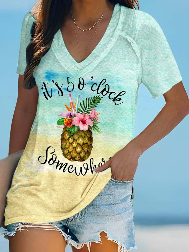 It's 5 O'Clock Somewhere Print V Neck T-Shirt