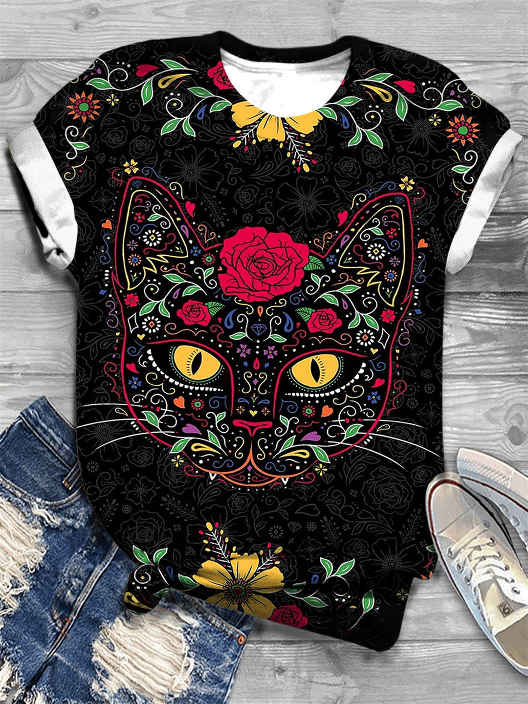 Day of the Dead Kitty Cat Sugar Skull Print T-Shirt