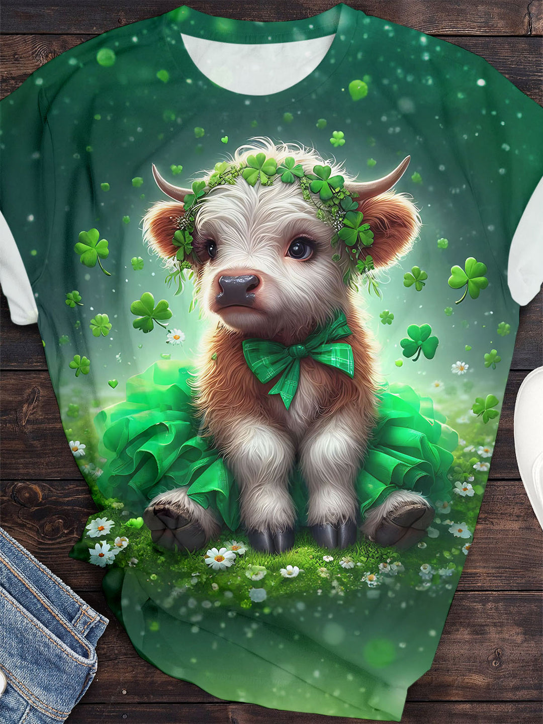 St. Patrick's Day Highland Cow Print Crew Neck T-shirt